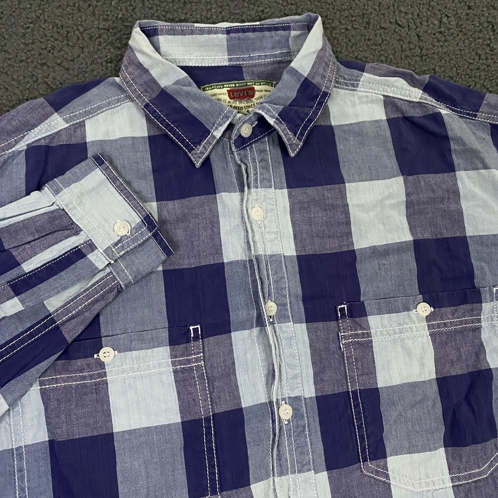 Levi's Shirt FITS Mens XL Blue Plaid Long Sleeve Button Up Cotton Workwear